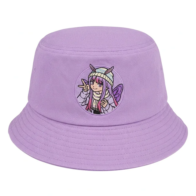 Lilac bucket hat with an embroidered patch of the character