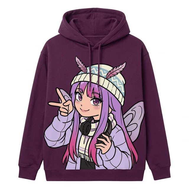 Plum hoodie printed with the character in a puffer jacket and beanie