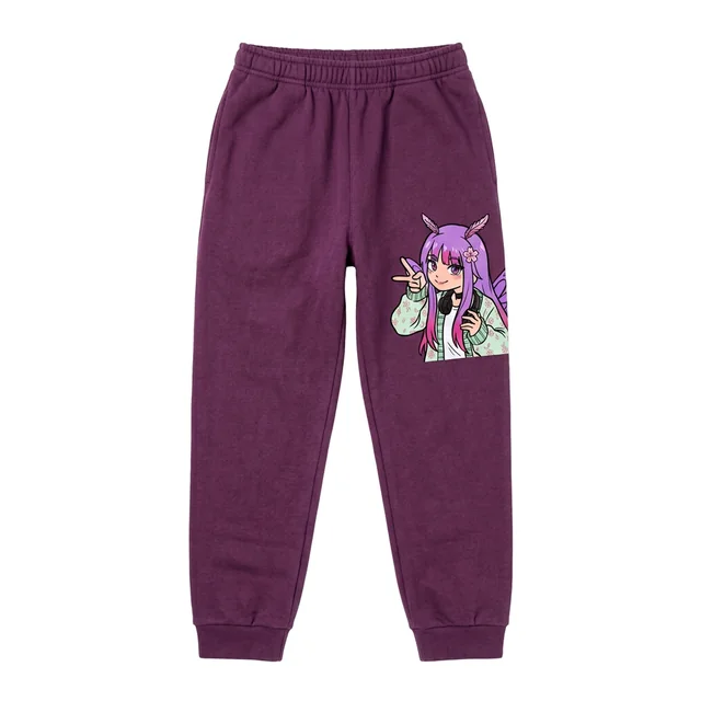Plum joggers printed with the character on one thigh