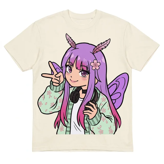 Cream t-shirt printed with the character in a mint spring cardigan